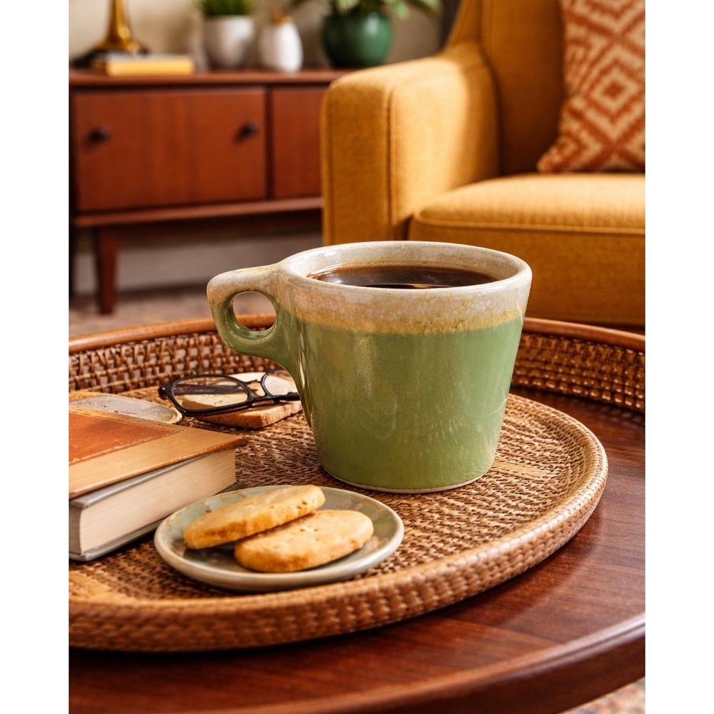 Hull Signed MCM VTG Avocado Green Glazed O Handle Mug‎ Cup Gold Logo Remnants